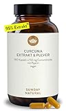 SUNDAY NATURAL® Kurkuma Kapseln hochdosiert – 10.669 mg Kurkuma pro Kapseln - 180 Curcuma Kapseln hochdosiert - 150 mg Curcumin – Curcuma Extrakt + Bio-Piperin – Laborgeprüft, vegan