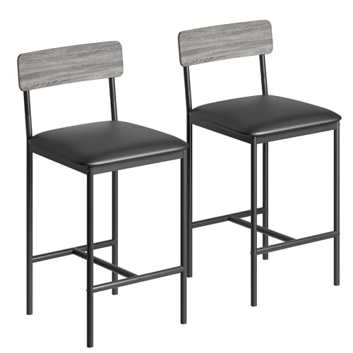 Garvee Juego de taburetes altos para barra con respaldo y reposapiés – Estructura metálica resistente – Tapizado cómodo – Ideal para cocina, isla o comedor – Set de 2 piezas, color gris, altura 65 cm, - imagen 2