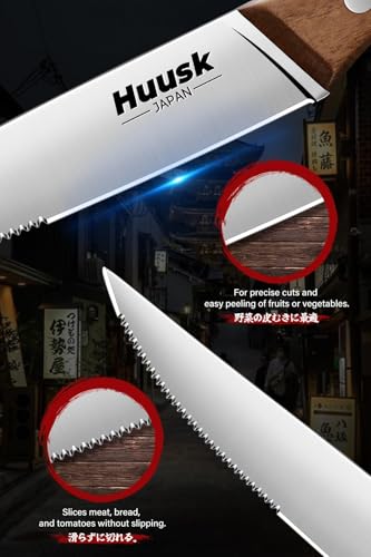 Image of Huusk Steak Knives Set of 6 with Wood Block, Serrated & Straight Dual-Edge | Drawer Organizer Included,Wood Full Tang Handle, Japanese Stainless Steel, Steaks Knives with Holder, Homewarming Gift Idea