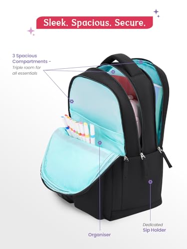 Image of Genie Poetry School Backpack For Girls |17 Inch-27 Litres With Three Compartments, Light Weight with Padded Shoulders |Best for Books, Water Bottles, Stationery, Lunch Box & Essentials - Black