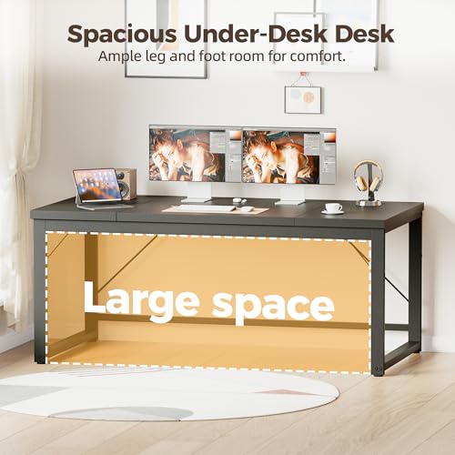 Image of 63x28 Inch Computer Desk, 1 inch Thick Large Office Table, Black | Modern Simple Style, Heavy Duty Industrial Frame, Large Study & Writing Table for Home Bedroom Work