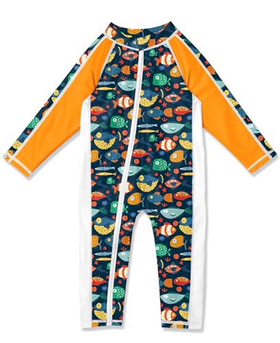 BesserBay Toddler Girls UPF 50+ Fish Navy Zip Front One Piece Rash Guard Quick-Dry Long Sleeve Swimsuit 24-36 Months