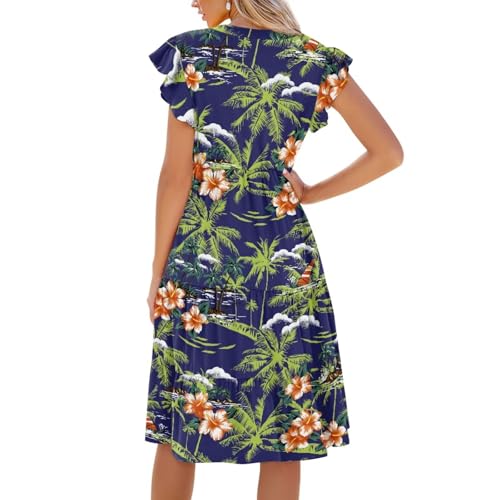 Image of Womens Summer Dress Ruffle Sleeve V Neck Dress Casual Fit Flowy Beach Vacation Sundress with Pocket S-2XL