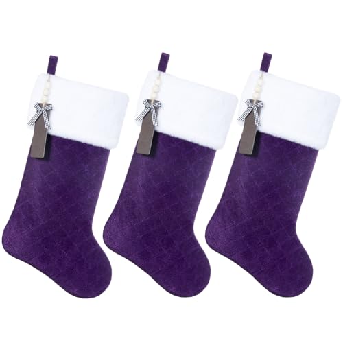 Shgngle Purple Velvet Quilted Personalized Christmas Stocking,19.5 Inch Fireplace Hanging Stockings with Blank Wooden Tags DIY Name,Family Holiday Decorations and Xmas Gift(Purple 3Pcs)