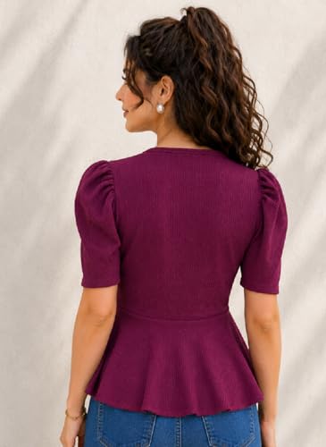 Image of IUGA Women Black Wrap Peplum Top for Women | Puff Half Sleeves V-Neck Casual Western Top | Stylish Regular Fit Tops for Girls
