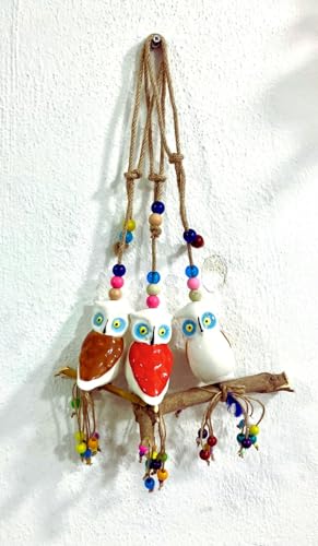 Seramik Dalda Baykuş Bahçe Balkon Ağaç Duvar Kapı Süsü 3'lü Set Kahverengi