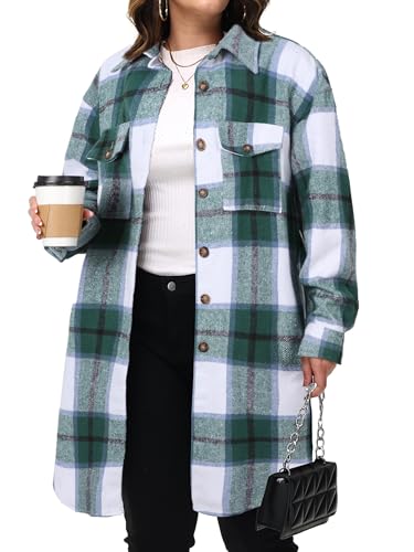 NIeyook Womens Plus Size Shacket Jacket 2024 Fall Plaid Flannel Button Down Shirts Long Sleeve Tartan Jackets Coats