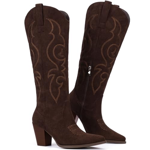 Suede Cowboy Boots for Women - Western Knee High Cowgirl Boots with Side Zipper, Retro Pointed Toe Tall Block Heel Pull On Long Boot for Ladies Fall Winter Rodeos Concert Festival Daily - Image 6