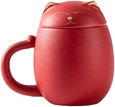 DUANMUL Cat Mug Cute Ceramic Coffee Cup with Infuser and Lid,Filter for Steeping Loose Leaf,kawaii coaster,Novelty Morning Cup Tea Milk Christmas Mug Chinese Handmade Porcelain Teacup(Red)