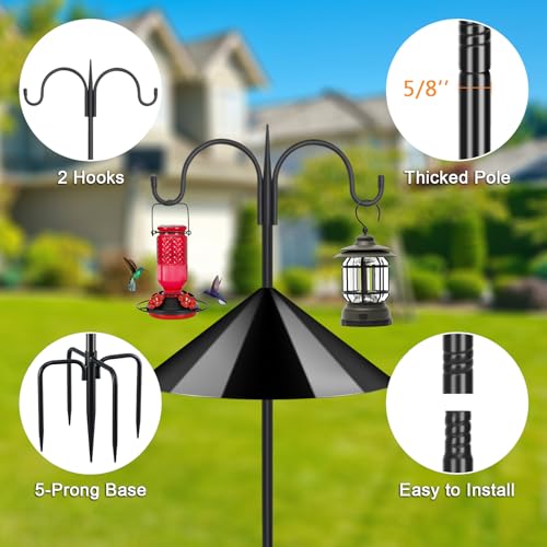 Image of FEED GARDEN Heavy Duty Shepherds Hook Squirrel-Proof Bird Feeder Pole 108 inch Double Hooks 5-Prong Base & 19 inch Baffle for Outdoor Feeders & Plants
