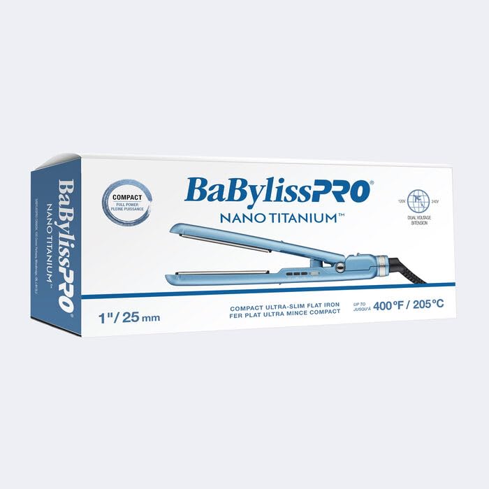 BaBylissPRO Nano Titanium 1" Mini Compact Ultra-Slim Flat Iron, Dual Voltage, Travel Flat Iron, 3 Temperature Setting, Locking Switch, Blue-BNTC4072TC