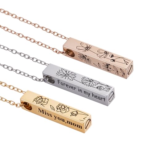 AILIN Customize Cremation Jewelry For Ashes Personalized Birth Flower Name Urn Necklaces For Ashes Stainless Steel Bar Necklace For Women Memorial Jewelry Gifts For Loved One Her Grandma