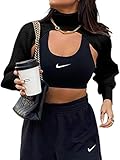 Sunfanrtnn Damen Hoher Kragen Cropped Sweater Lange Puffärmel Strickwaren Pullover Crop Top Herbst Winter Sweatshirt, Schwarz , One size