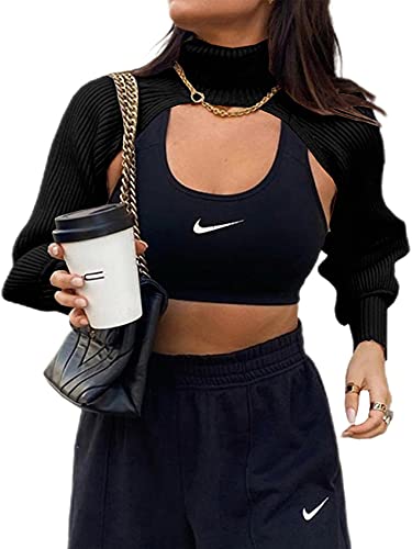 Sunfanrtnn Damen Hoher Kragen Cropped Sweater Lange Puffärmel Strickwaren Pullover Crop Top Herbst Winter Sweatshirt, Schwarz , One size Cover