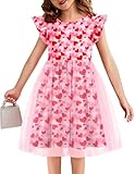 Flypigs Toddler Tutu Dress Girls Ruffle Tulle Dresses Pink Heart Summer Party Valentine's Day Sundress for 7 Years
