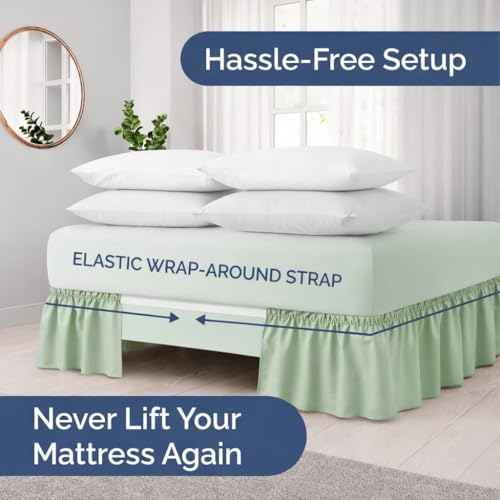 Image of Bed Skirt - Wrap Around Dust Ruffle Bed Frame Cover with Easy Fit Elastic Strap, Double Size 15 Inch Inch Drop, Microfiber Pleated, Machine Washable | Sage Green, (72inchx72inch)