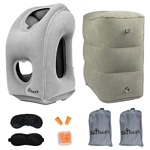 Skyrest Inflatable Travel Pillow (Grey) and Adjustable Height Inflatable Foot Rest Pillow (Grey) for Airplane, Car, Train, Home & Office- 2 Drawstring Bags, eyemasks and earplugs Included Cover