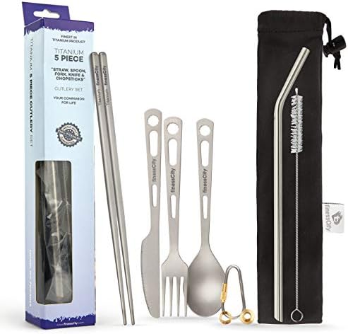 finessCity Titanium Utility Cutlery Set Extra Strong Ultra Lightweight (Ti), 3/4/5 Piece Straw Chopsticks Knife Fork Spoon Set for Home Use/Travel/Camping Cutlery Set in Case