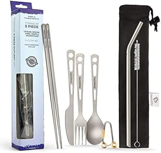 finessCity Titanium Utility Cutlery Set Extra Strong Ultra Lightweight (Ti), 3/4/5 Piece Straw Chopsticks Knife Fork Spoon Set for Home Use/Travel/Camping Cutlery Set in Case
