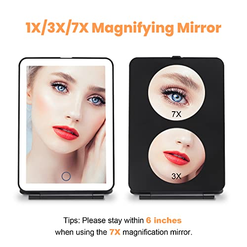 Folding Lighted Travel Makeup Mirror, 1X 3X 7X Magnifying, 3 Colors Light Modes & Brightness Dimmable, Usb Rechargeable 2000Mah Batteries, Portable Travel Mirror, Compact Vanity Mirror (Black) #TOP1