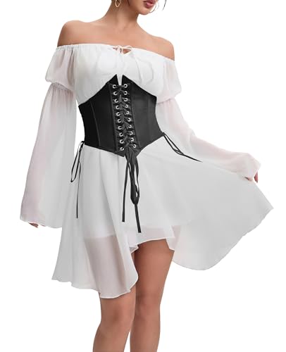Image of Womens Corset Dress Off Shoulder Bell Sleeve Casual Party Pirate Fairy Dress Set