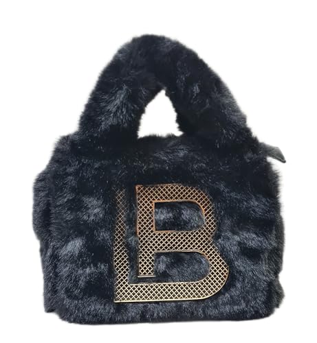 Laura Biagiotti Bolso línea Britt de peluche con logotipo LB, correa de cadena de metal, 26 x 12 x 19 cm, asas dobles, cierre de cremallera, forro interior con bolsillos, art. LB25W-115-2, Negro , M