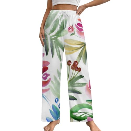 Pantalon de pyjama femme rose à motif feuilles : confort nocturne avec poches pratiques taille S