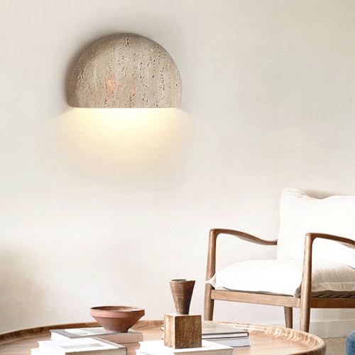Image of Semi Circle Yellow Travertine Wall Lamp Japanese Style Wabi-Sabi Art Lighting Fixture Half Moon Marble Wall Sconce Natural Stone Bedside Wall Light For Foyer Bedroom Stairs