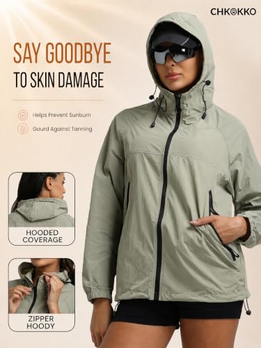 Image of CHKOKKO Sunscreen Jacket For Women With Hood Upf 50+ UV Tan Sun Protection | Wind Proof Lightweight Breathable Quick-dry Water-repellent Fabric | For Gym Sports Running Biking And Dailywear