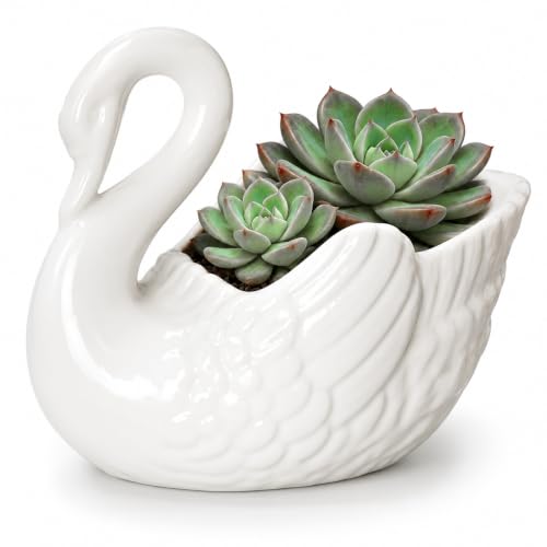 Cabilock Ceramic Swan Planter Pot, Cute Animal Succulent Flower Pot for Indoor Outdoor Plants, Decorative Vintage Plant Container Home Office Decor Gift (White)