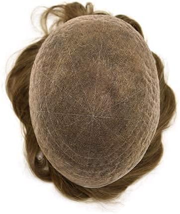 LYRICAL HAIR Full French Lace Toupee for Men Front Bleached Knots Human Hair System Transparent All Lace Hair Replacement Natural Hairline Mens Wigs Hairpieces (7"X9", #560 Light-Med Brown+60% Gray-100% Light to Med-light Density)