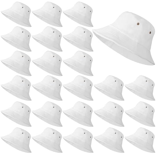 Sureio 24 Pcs Bucket Hats Bulk Washed Cotton Summer Plain Outdoor Sun Fishing Bucket Hat Wide Brim Beach Cap Men Women(Large-X-Large,White)