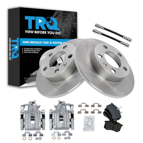 Image of TRQ Rear Brake Pad and Rotor Set Semi Metallic Rotors Calipers Compatible with 1999 Volkswagen Jetta