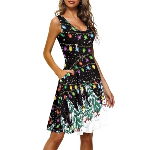 Image of Women Stylish Tank Dresses Sleeveless Round Neck Midi Casual Dress with Pocket for Summer