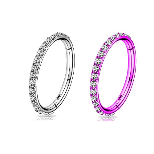 Blisi 2Pcs G23 Titanium Nose Rings Hoop 18G 8Mm Clear Cz Lined Conch Helix Cartilage Earring Hoop Silver And Pink Lip Hinged Segment Ring #TOP18