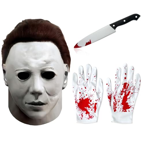 HUTRADE Máscara Michael Myers Halloween - Con guantes y cuchillo de juguete - Látex realista, cabeza completa unisex para adultos, ideal para cosplay, carnaval y fiestas de terror (1978)