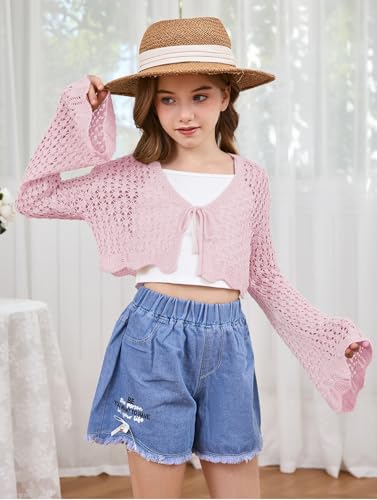Image of Milumia Girl's Tie Front Crochet Knitted Cardigan Sweater Hollow Out Long Sleeve Crop Cover Up Top