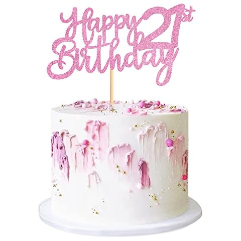 Cyodoos Pink Glitter 21st Happy Birthday Cake Topper Adult Food Picks for Celebrating Twenty-one Years Old Birthday Anniversary Party Decorations Supply Cover