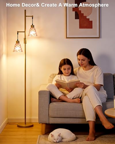 Image of 2-Light Modern Glass Floor Lamp, Gold Standing Tall Lamp with Deep Red Shell Glass Shade, Dimmable LED Floor Lamp with 5Lbs Heavy Base for Living Room Bedroom Home Decor, Bulb Included
