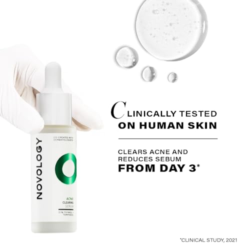 Image of Novology Acne Clearing Serum, 0.1% Thymol & Terpineol, Niacinamide, Pimples, Whiteheads, Blackheads, Excess Sebum, Sensitive Skin, Non Irritant, Clinically Proven, Fragrance Free, Dermat Tested - 10ml