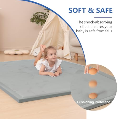 Image of Baby Play Mat for Floor,1.3 inch Thick Memory Foam Tummy Time Mat,Soft Coral Velvet Nursery Rug,Extra Large Non Slip Crawling Mats for Living Room(Light Grey)
