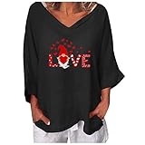 Top Baumwollpulli Herz Frauen T-Shirt mit V-Ausschnitt lässige Oberteile Silbernes Oberteil Damen