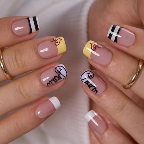 Image of CurvLife Soft Gel Square Press-On Nails Short, Reusable Fake Nails with Glue & Adhesive Tabs, 30PCS Salon-Quality Stick-On Nails for At-Home Manicure (Paris Script)