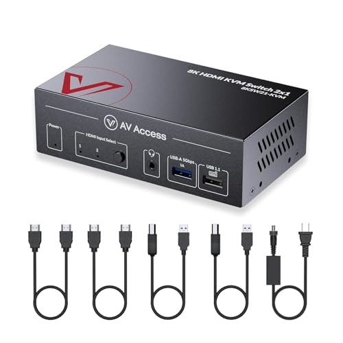 AV Access 8K KVM Switch 2 Computers 1 Monitor with HDMI 2.1, USB 3.0 & Hotkey Switching, Supports 10K@120Hz, 8K@120Hz, 1080P@240Hz & 2K@165Hz for All Operating Systems, Ideal for Gaming, Workstation