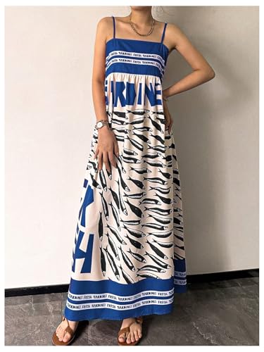 Image of SOLY HUX Women's Sundress Graphic Print Color Block Spaghetti Strap Flowy Summer Long Cami Dress