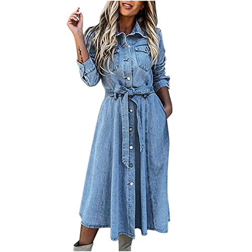 Sisifa Jeanskleid Damen Lässiges Revers Langes Geknöpftes Denim Kleid Lockere Hemdkleider mit Taschen Partykleid Langarm Midi Kleider mit Gürtel Cover