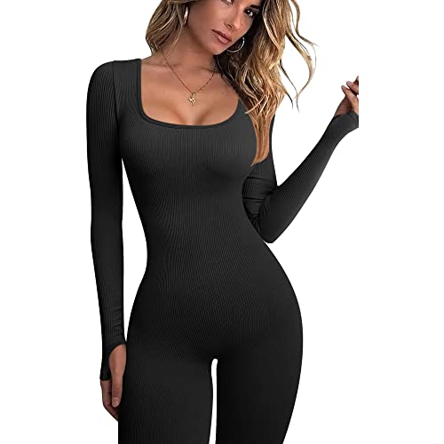 Bigfox Women Ribbed Knit Yoga Jumpsuits Long Sleeve Square Neck Bodycon Seamless Tight One-Piece Sport Jumpsuits Workout Playsuit (Black, L) #TOP1