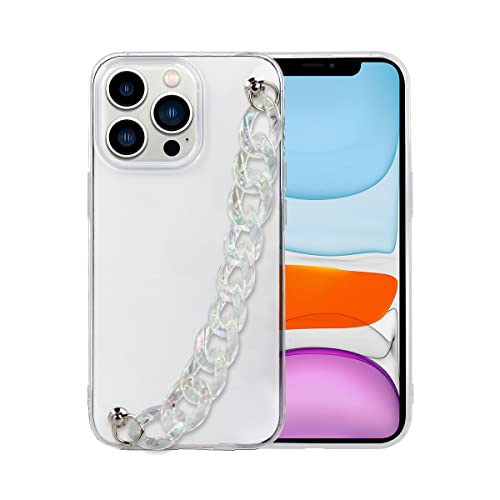 ZhuoFan Coque pour iPhone 13 6,1'', Transparent Cover avec Bracelets Chaînes de Amour étoiles Poignet Souple Silicone Protection Antichoc Bumper Fille Lanière Étui, Cristal Cover