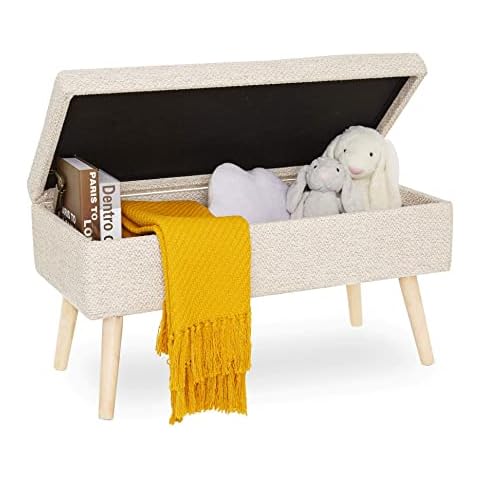 Suhu Sitzbank Gepolsterte mit stauraum groß, aufbewahrungsbox mit Deckel betthocker Pouf hocker, schuhbank truhenbank fußbank aus Leinen mit holzbeine Cover