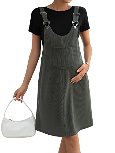 Oyoangle Women's Maternity Casual Rib Knit Overall Dress Pocket Summer Basic Straight Short Dress Maternity Dress Green S #TOP22